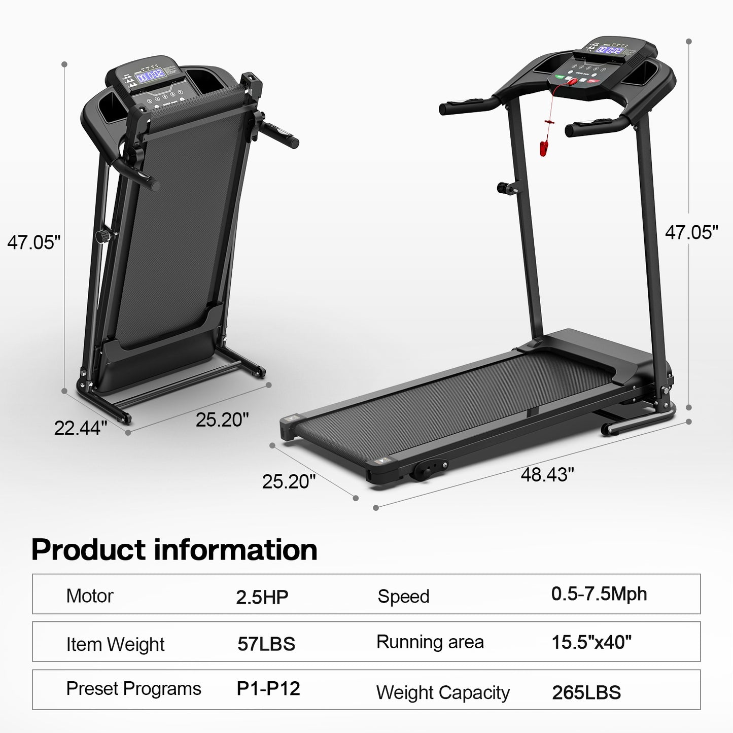 JK106 Folding Treadmill - 2.5HP Motor with 12 Programs & LED Display