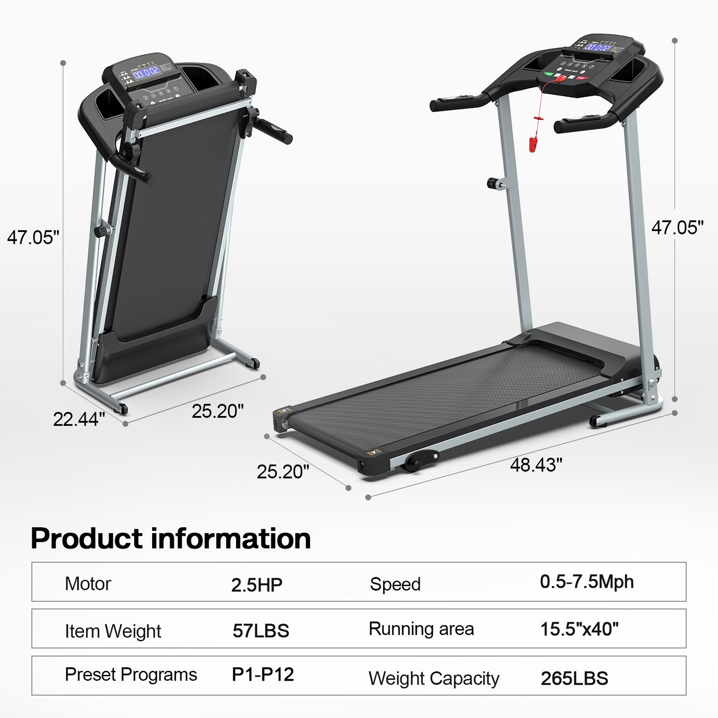 JK106 Folding Treadmill - 2.5HP Motor with 12 Programs & LED Display