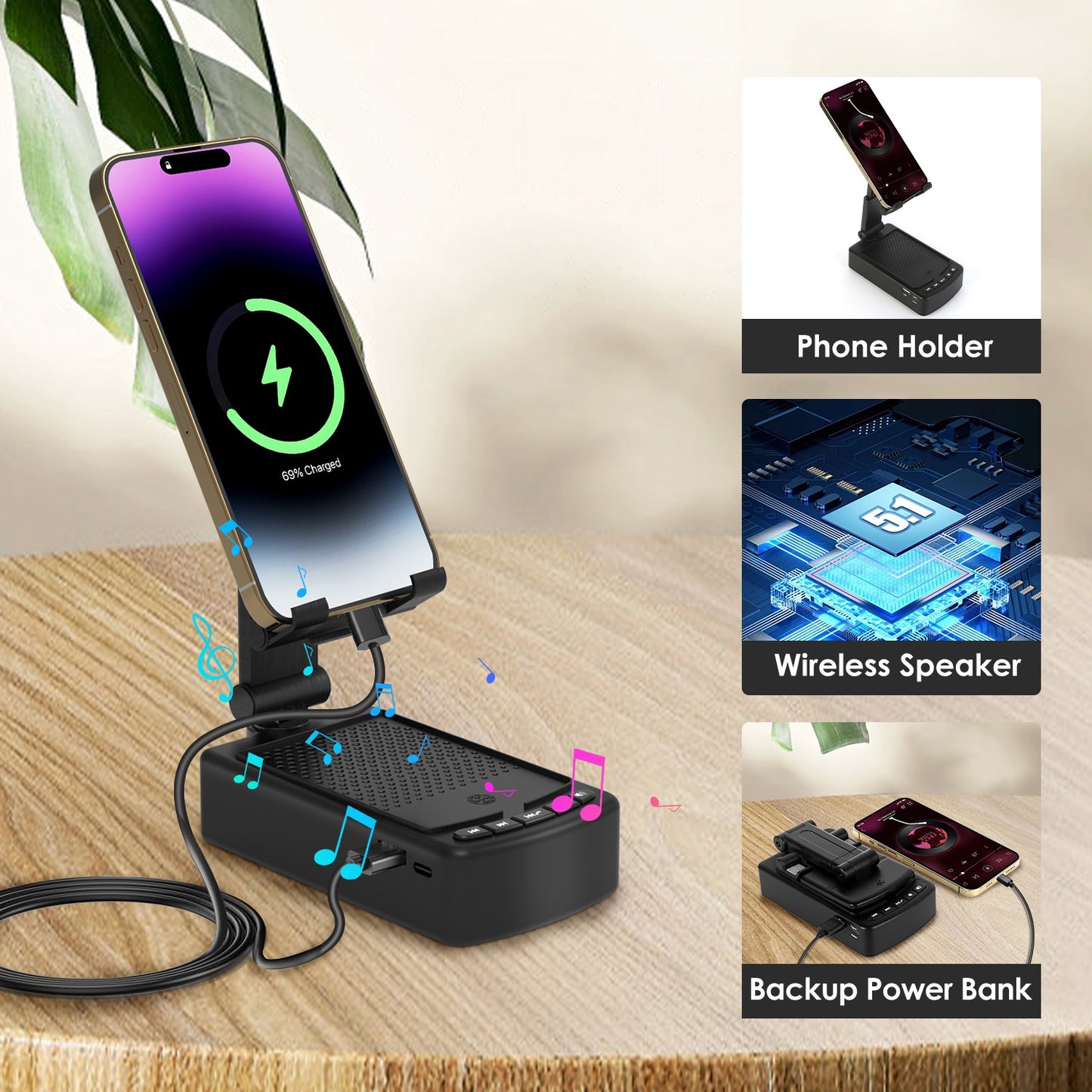 3-in-1 Phone Stand | Speaker & Power Bank